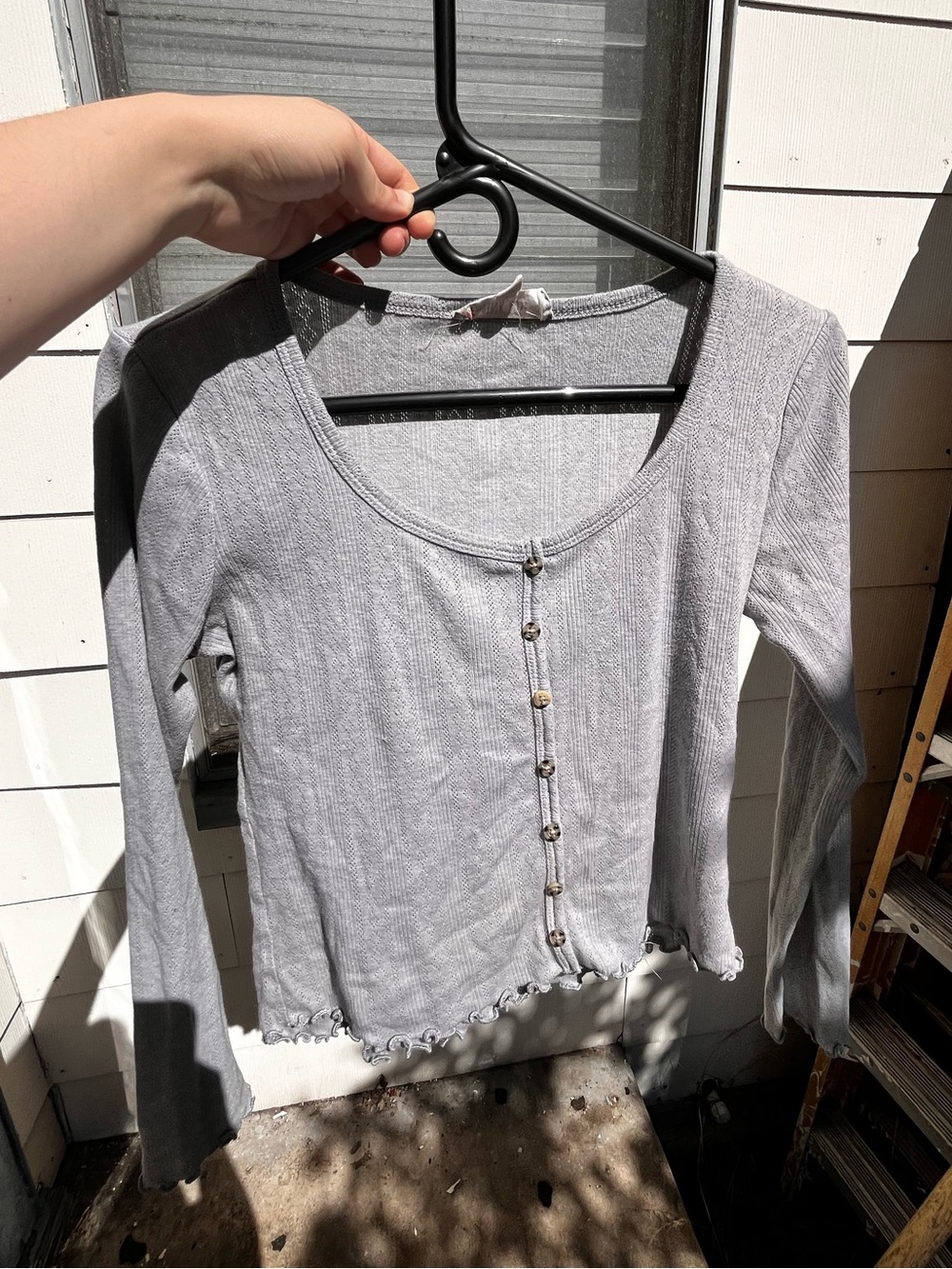 Gray Long Sleeve Button Down Crop Top